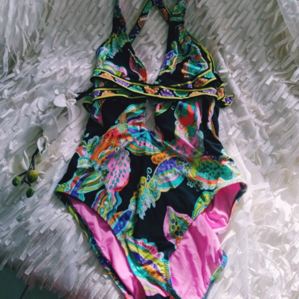 Trina Turk Plunging Belted Bathing Suit